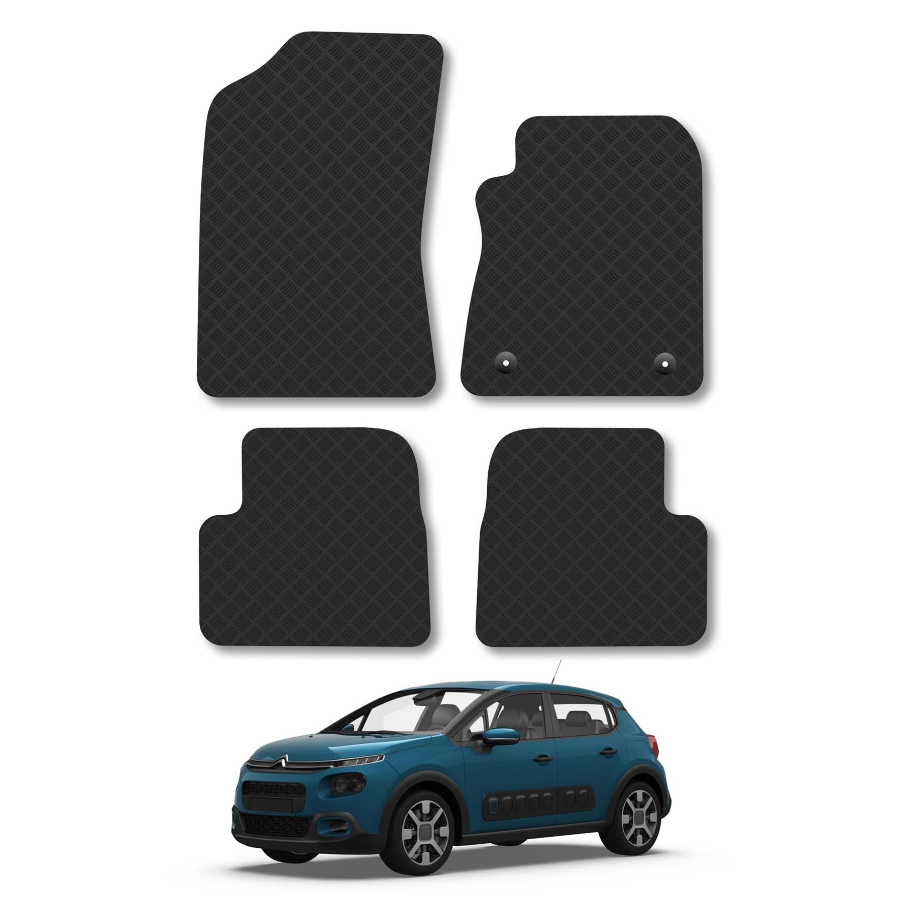 Citroen C3 (2017-2023) Rubber Car Mats Accessories Tailored Fit Compatible Accessory Waterproof Protection Non-Slip Floor Mats Full Coverage Durable Front Rear Set Coverage with Clips