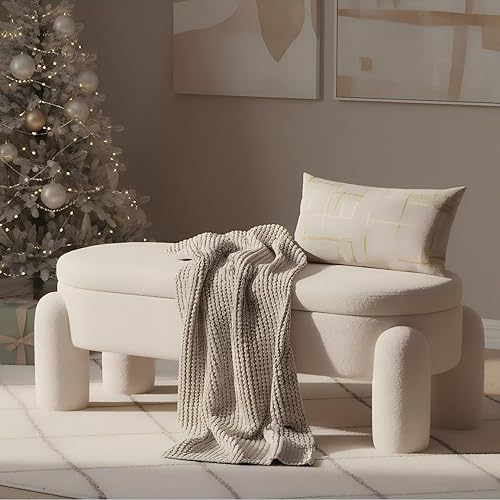 LukeAlon Banco de almacenamiento Sherpa de 45 pulgadas, otomano tapizado de maquillaje con marco de madera maciza, banco de zapatos de entrada para