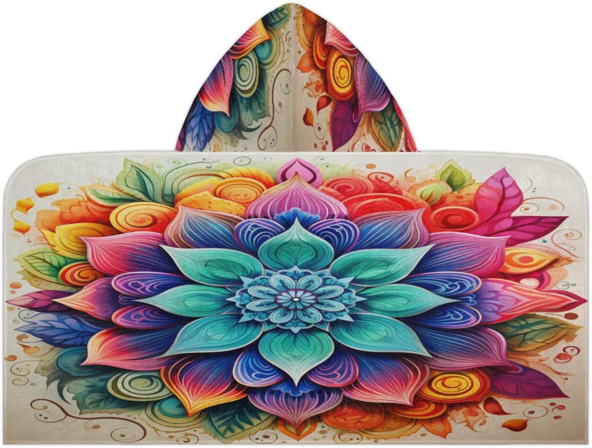 Pardick Kids Bath Towel Rainbow Lotuses Flower Beach Towel with Hood Pool Cover Up for Girls Boys Soft Absorbent Hooded Bath Towel Toddler Towels for Beach, Pool