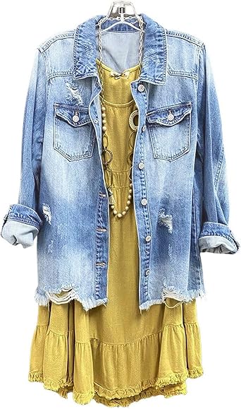 SCOFEEL Women Denim Shirt Jacket Long Sleeve Button Shacket Coat Distressed Washed Ripped Frayed Hem Jean Jacket
