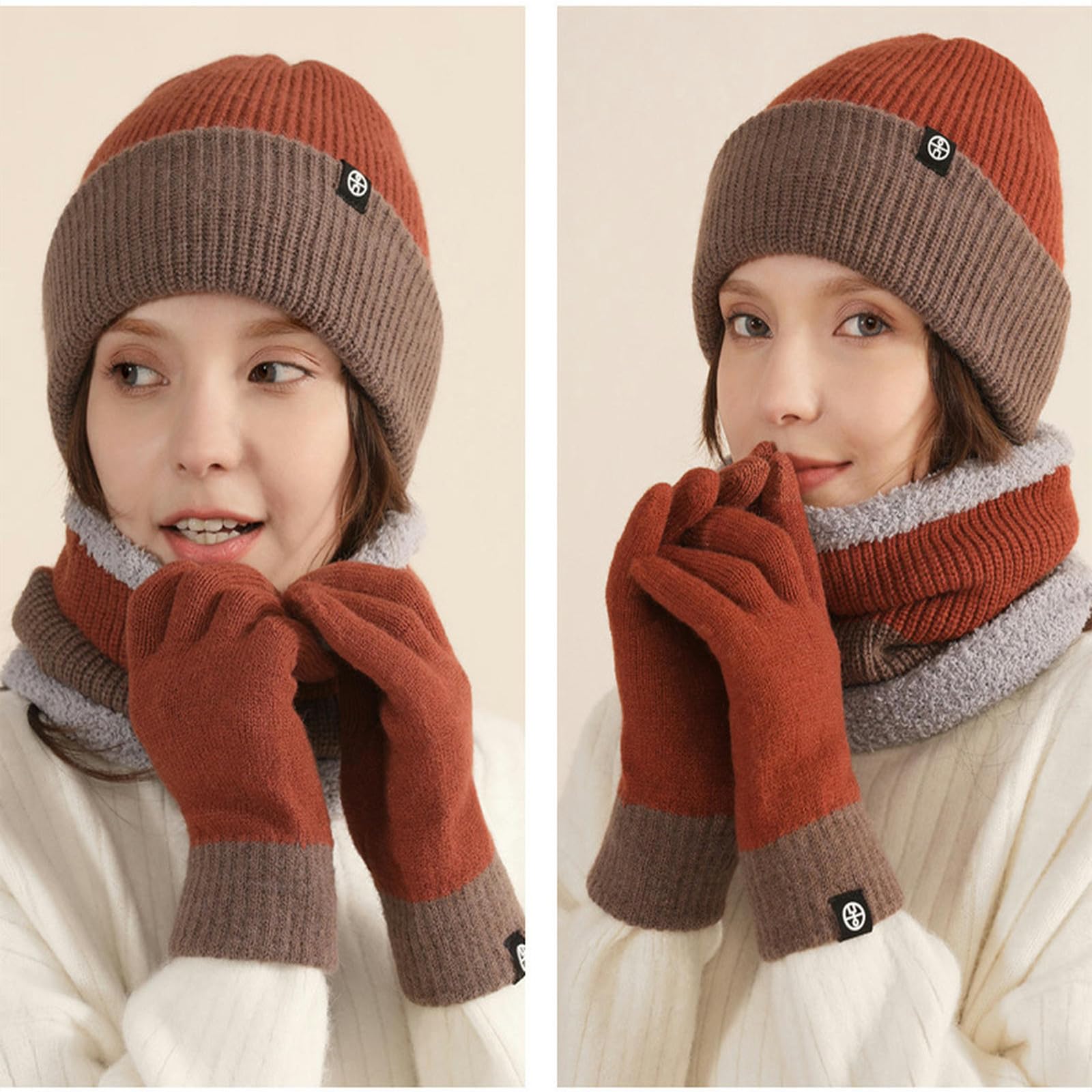 Mütze Schal Set Mädchen Damen Mütze Schal Handschuh Set Warme Strickhandschuhe Mütze Schal Dreiteiliges Set Kältebeständiger Ohrenschutz Winteranzug Für Den Außenbereich-Kamel+beige