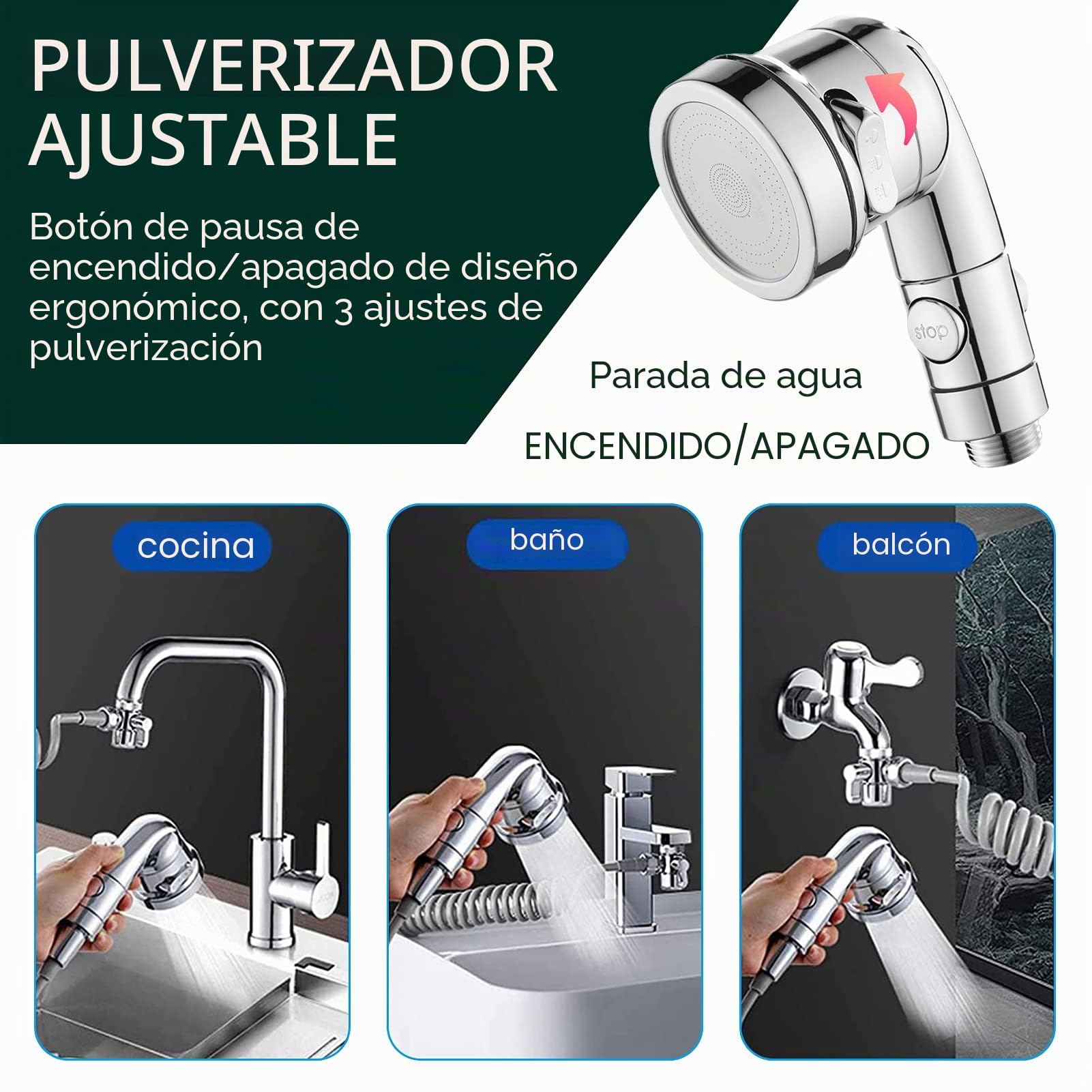 Juego de Ducha para Lavabo, 3 Modos Alcachofa Ducha de Mano con Manguera de 3M con Sorporte y Desviador M22-M24, M22-G1/2, Cabezal de Fregadero para Baño y Cocina, Gris (Grifo no Incluido)