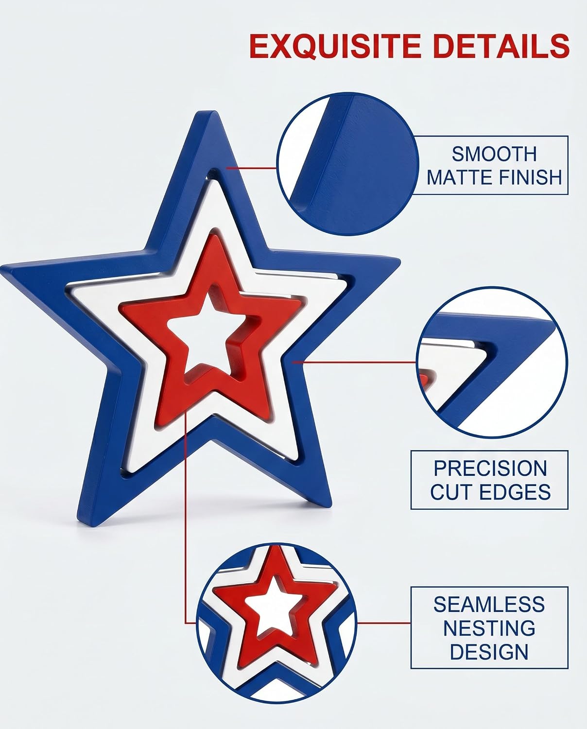4th of July Decorations Stars Set of 4, Red White Blue Patriotic Tiered Tray Decor. Perfect Memorial Day, Labor Day, Home & Office Table Shelf Festive USA Display.