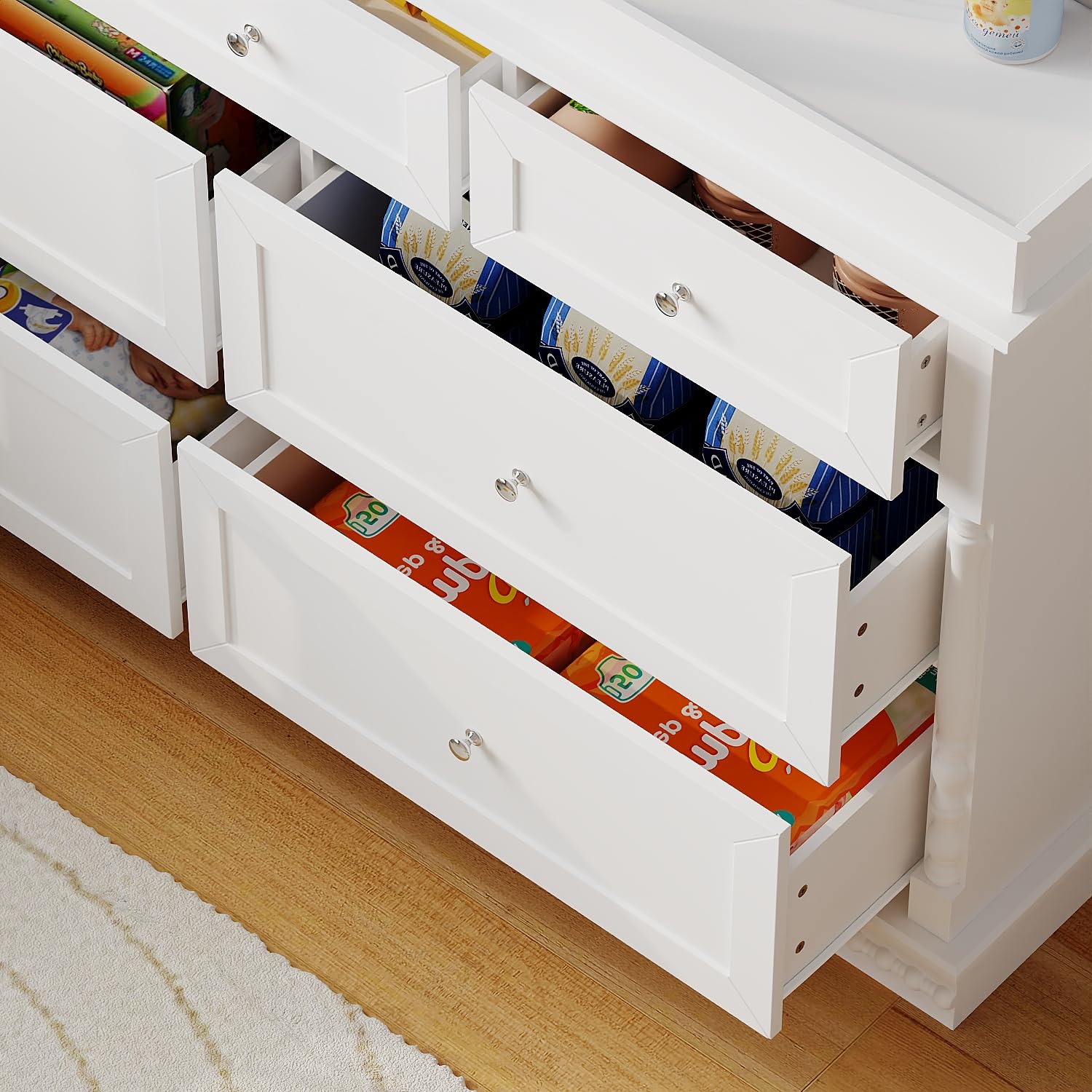 Baby Dresser with Changing Table for Nursery, Diaper Changing Dresser with 7 Drawers, Modern Chest of Drawers for Bedroom, Guard Board, Detachable Top, White, 19.3”D x 56.5”W x 40”H