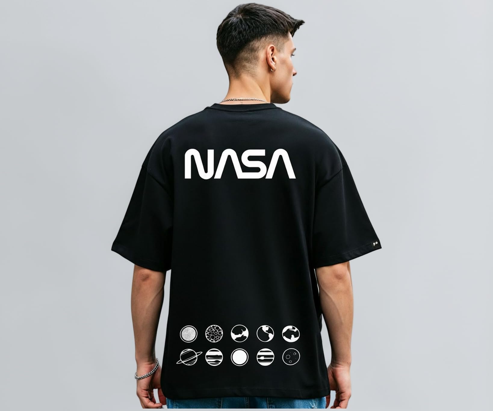 Bewakoof X NASA Men's Cotton Printed Oversized Fit Half Sleeve Round Neck T-Shirt | Casual Wear | Street Wear | Oversized t Shirt for Men Cotton | Baggy