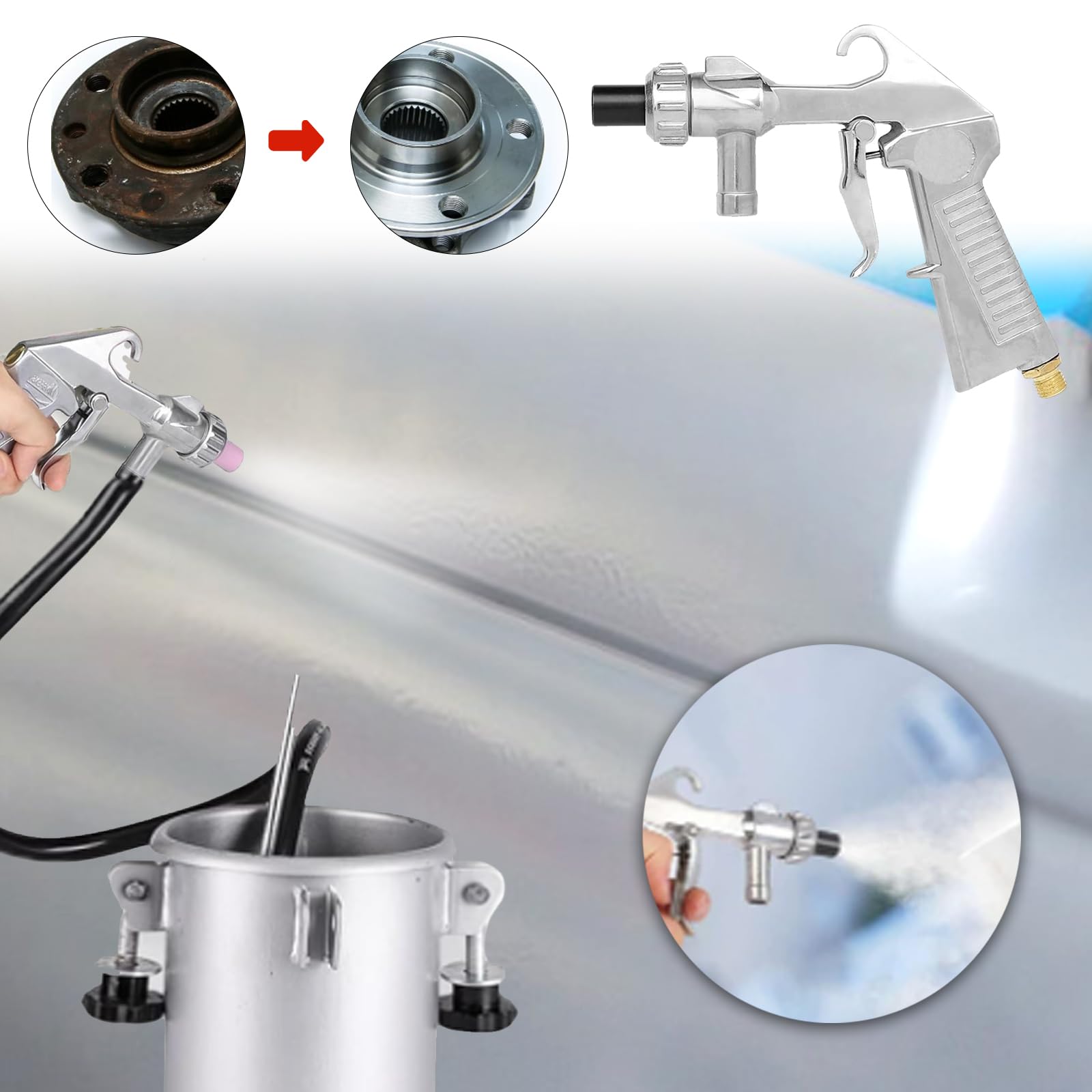 Pistola Sabbiatrice Pneumatica per Compressore con Ugelli e Tubo 1M Gomma Kit
