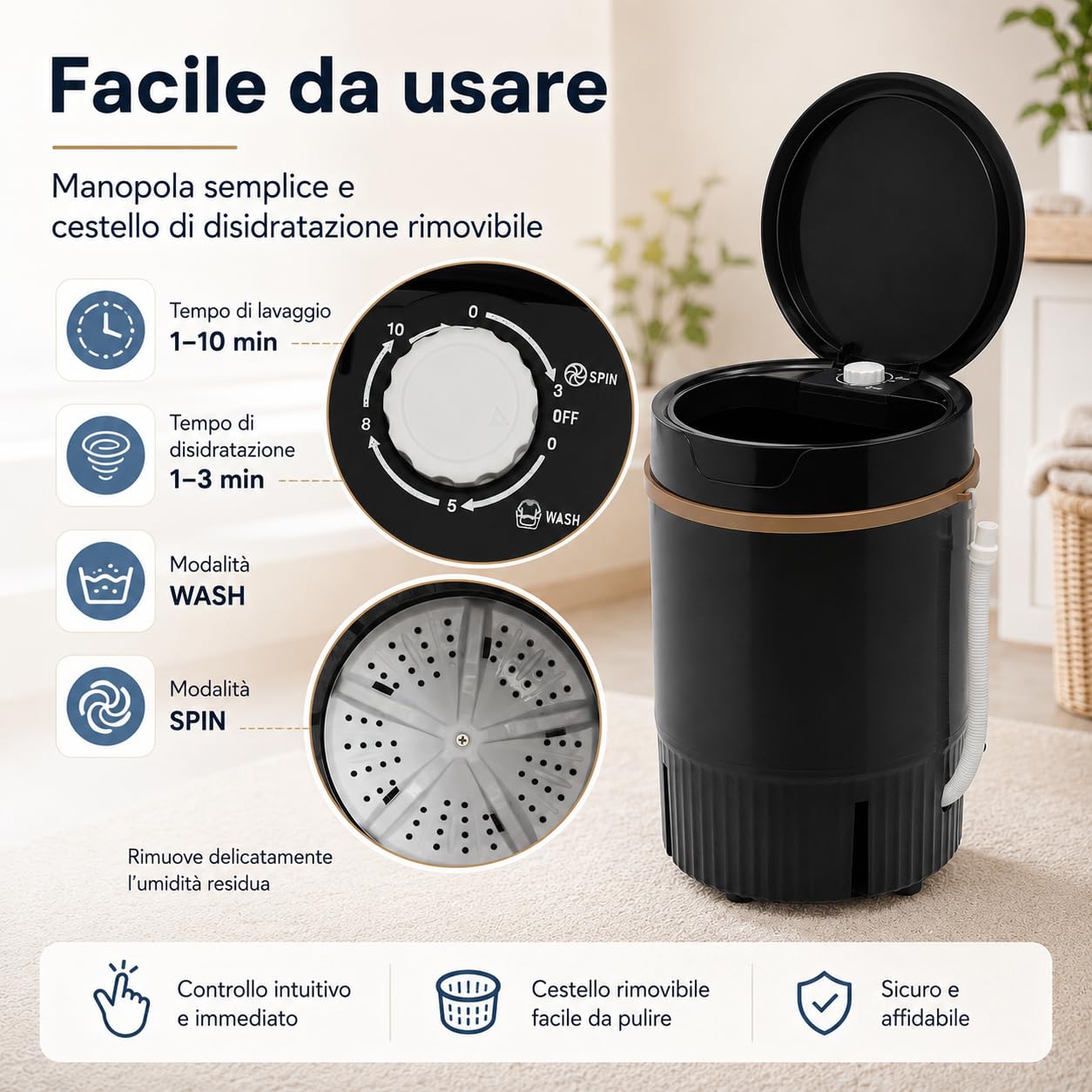 Mini Lavatrice Portatile, 4.5Kg Capacità Lavaggio con Cestello Centrifuga - Nero per Casa Viaggi Dormitorio Campeggio