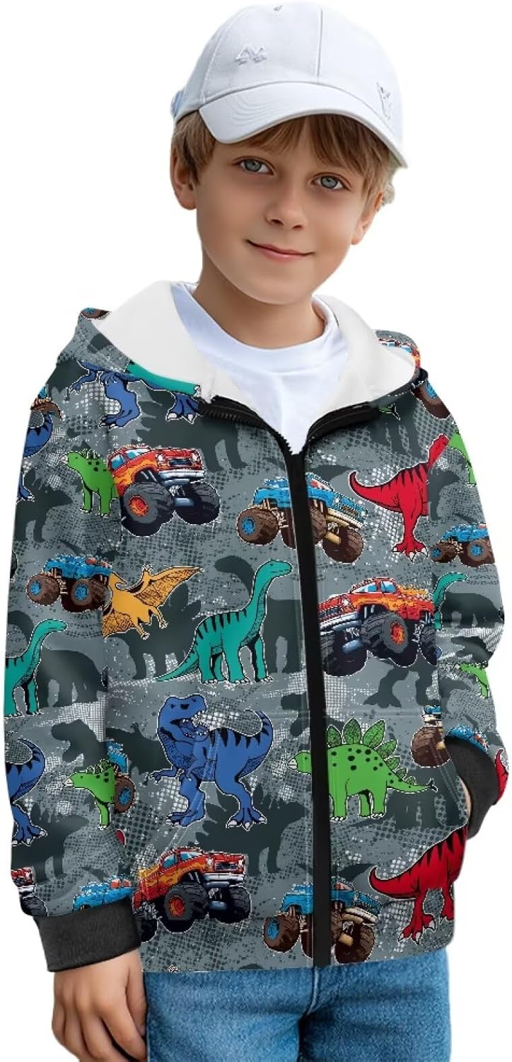 Uourmeti Zip Up Jacket for Boys Soft Plush Lined Hoodies Graphic Zipper Sweatshirt Age 6-16
