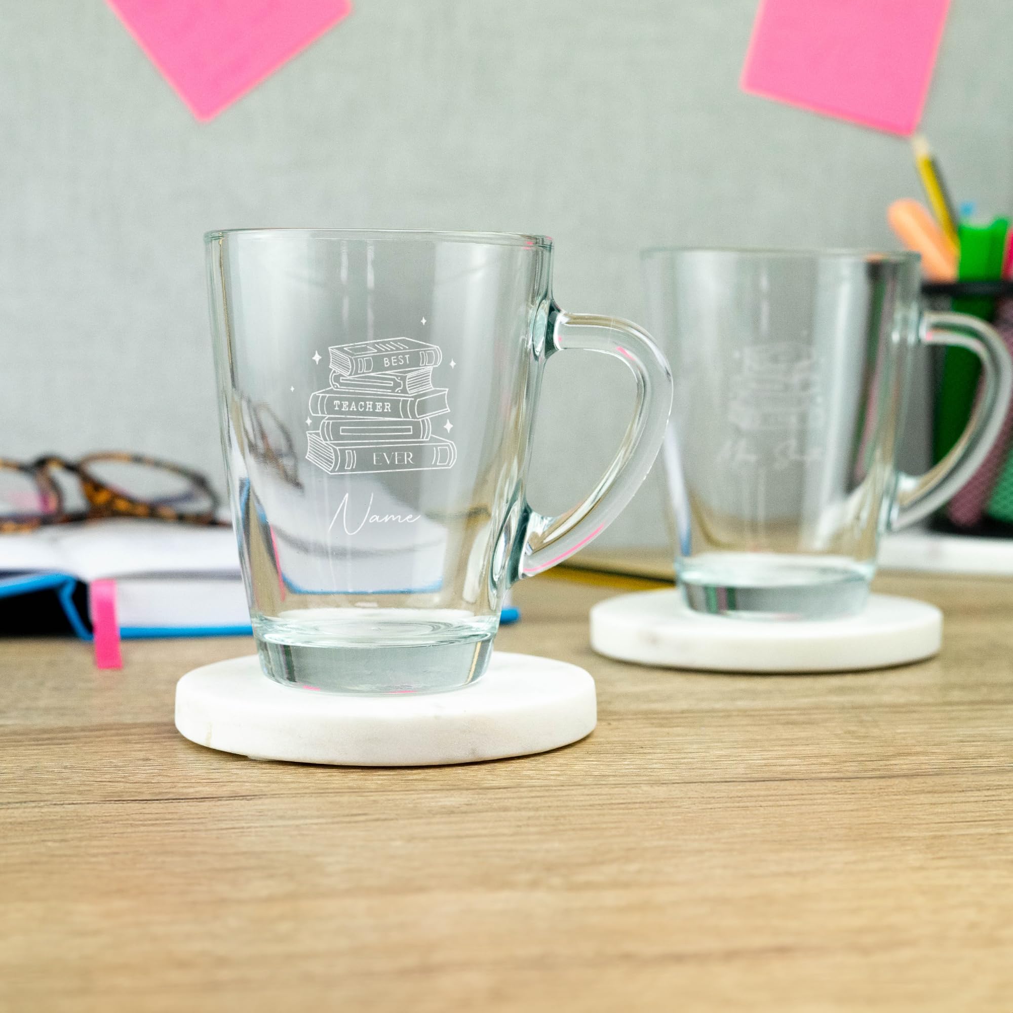So Bespoke Personalised Glass Coffee Mug Teacher Gift Engraved Hot Drink Tea Cup Your Own Message End of School Gift Teacher Present School Gift Idea (Style L3)