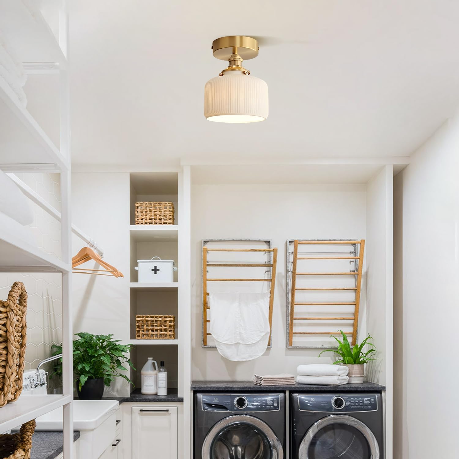 White Ceramic Semi Flush Mount Ceiling Light Vintage Gold Close to Ceiling Light Small Milk Glass Flush Mounted Hallway Light Fixtures for Kitchen Entryway Bathroom Porch Foyer Hall MCL29-D