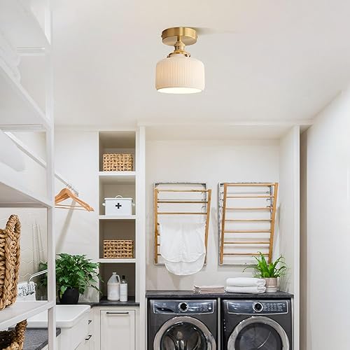 Miniatura 7 de Lámpara de techo semiempotrada de cerámica blanca vintage dorada para cerca del techo, pequeña luz de vidrio de leche montada empotrada para cocina,