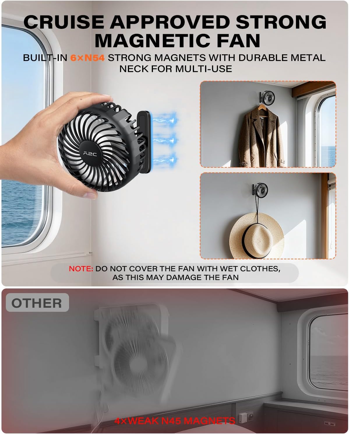 A2C 4.7-Inch Big Magnetic Cruise Ship Fan for Cabin Wall Ceilings, Cruise Essentials 2025, Versatile Clothes Hats Hooks, Rechargeable Battery, 360° Rotation, 3 Speeds, 2026 Travel Accessories Gifts