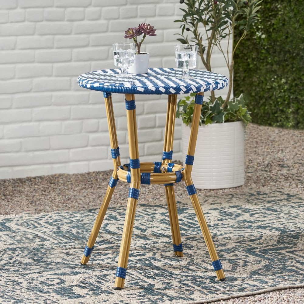 Elegant Outdoor Bistro Table with Woven Polyethylene Rattan Top and Rust-Resistant Aluminum Frame for Patio or Balcony Use