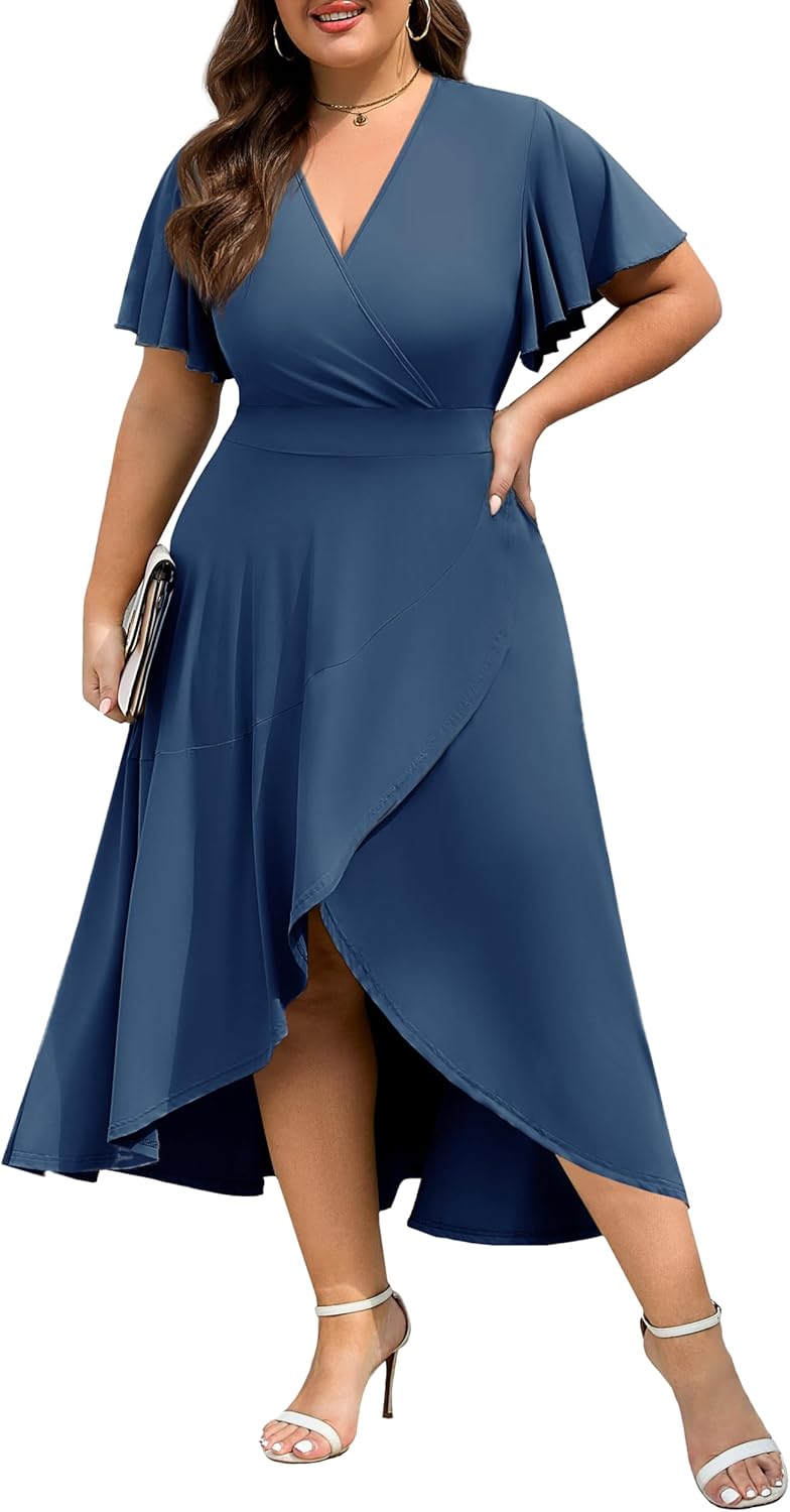 Womens Plus Size Maxi Dress Ruffle Short Sleeve Elegant Wrap V Neck High Low Split Long Dress