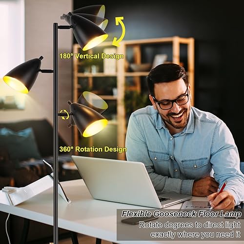 Miniatura 3 de Lámpara de pie de árbol para sala de estar, lámpara de pie industrial de 3 luces con 3 bombillas LED, cabezales de rotación ajustables, lámpara de