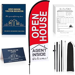 Buryeah Open House Signs for Real Estate Agents Including 1 Set Open House Feather Flag and Pole Kit 1 Pcs Visitor Guest Register Notepad 1pcs Tent Card and 150 Pcs Feedback(Red)