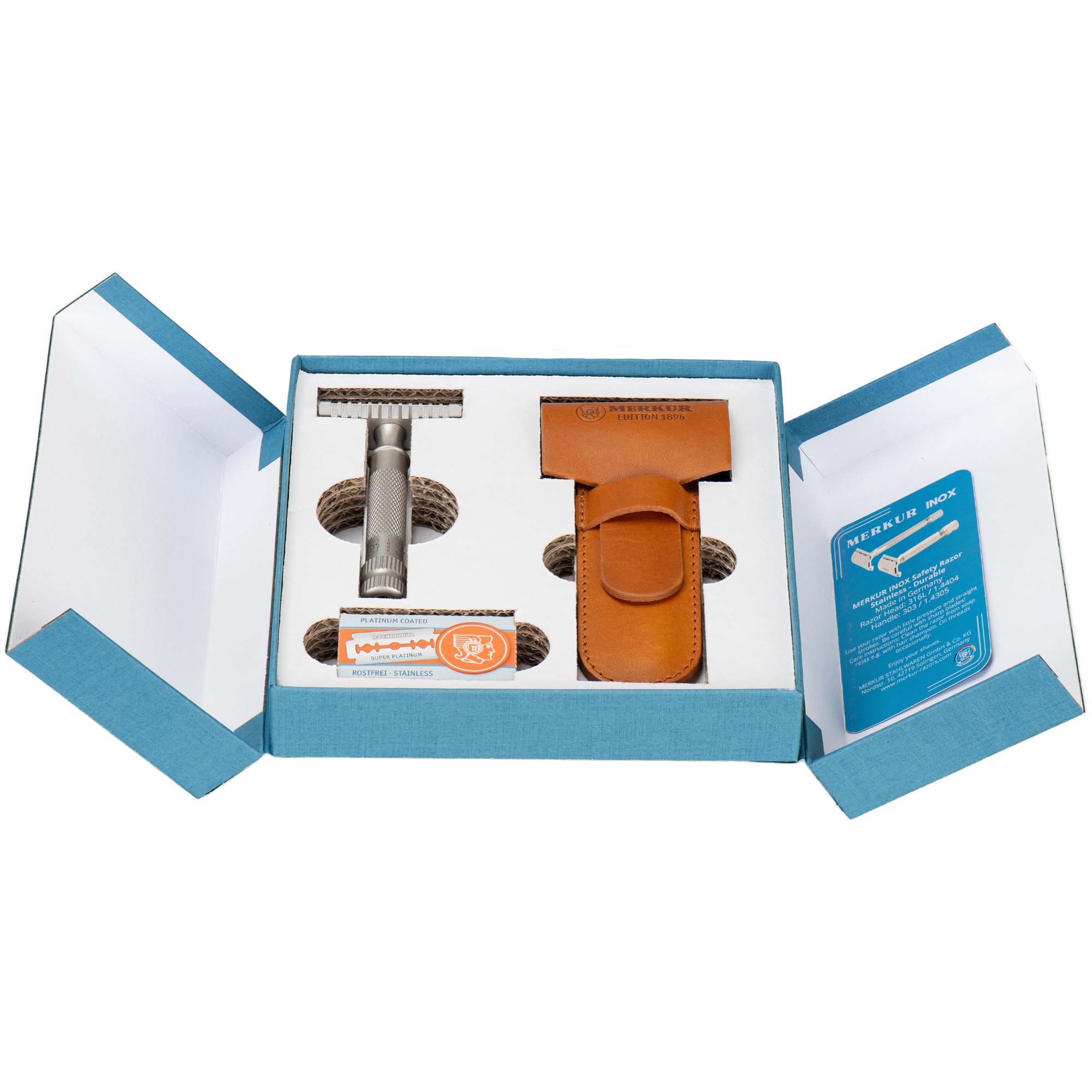 MERKUR Edelstahl Rasierhobel Set 11 INOX | Sonderedition 1896 | inkl premium Rasierhobel, Lederetui und 10x Platinum Klinge | Seidenmatt | Offener Kamm | Ideal für Nassrasur | Made in Germany