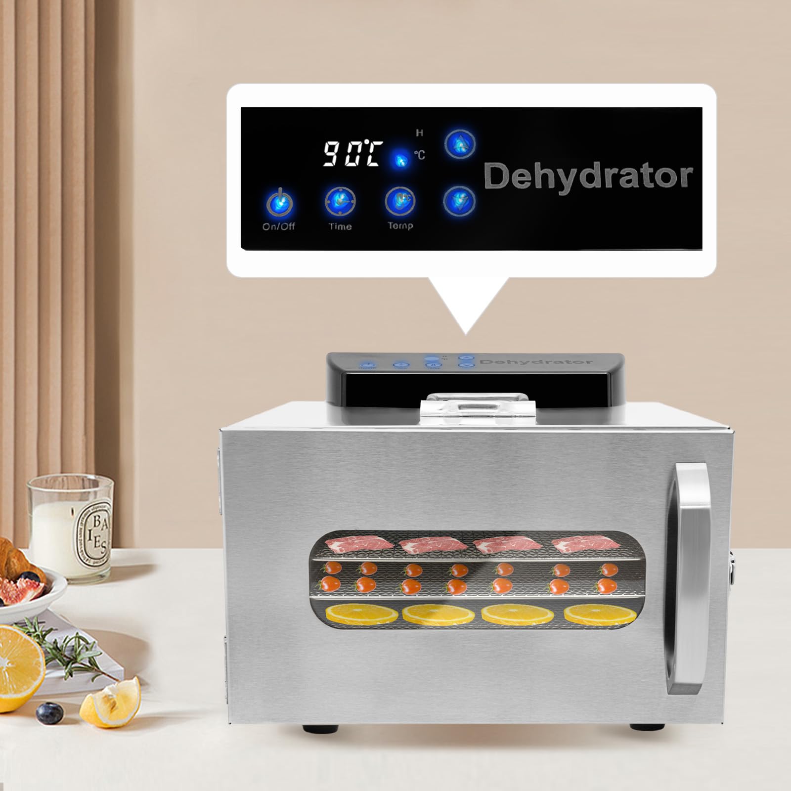 Elektryczna suszarka do żywności, stal nierdzewna, 6 poziomów, 400 W, regulator czasowy 30-85°C, nośność 11 kg, do owoców, warzyw, mięsa, gospodarstwa domowego, ogrodu, srebrna