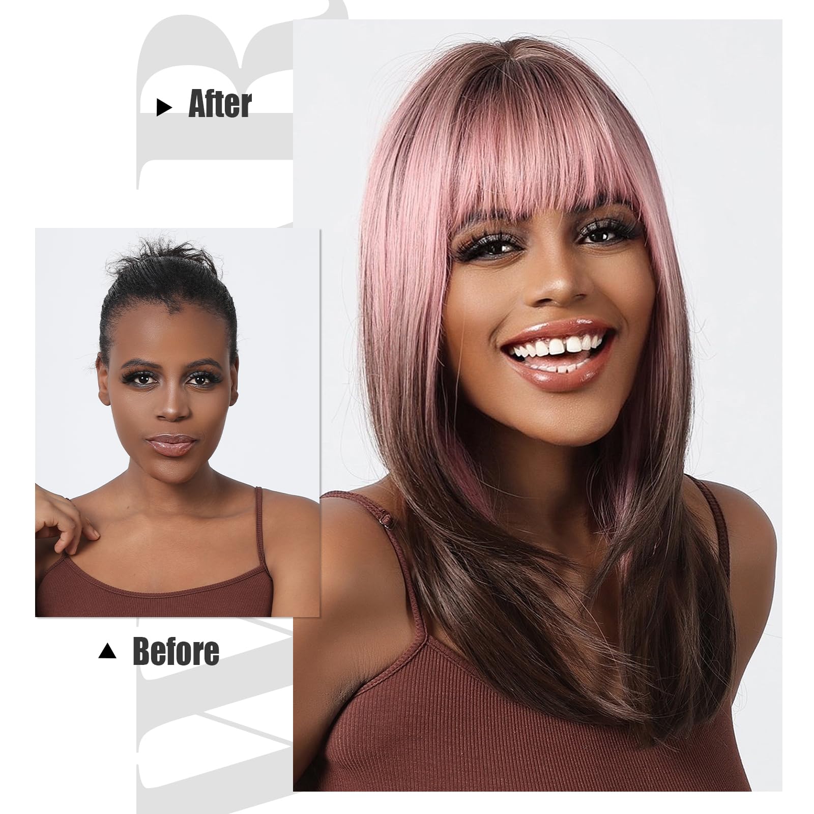 Testar Long Ombre Pink Black Wigs With Thick Bangs - Synthetic Layered Hair Wigs For Daily Use, Ombre Pink to Black, 22 inches - Image 4