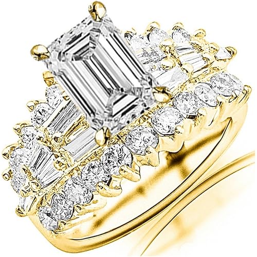 14K White Gold 7 Carat LAB GROWN DIAMOND Exquisite Prong Set Bageutte And Round Emerald Cut Diamond Engagement Ring (G-H Color VS1-VS2 Clarity 5 Ct Center)