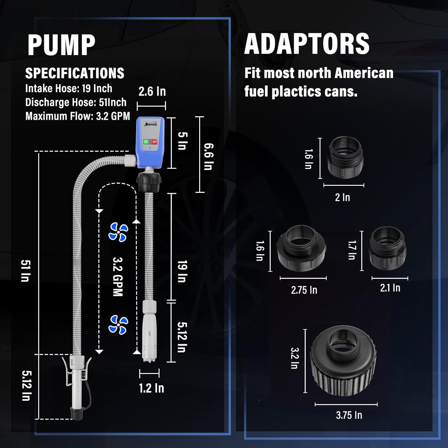 Nitigo Fuel Transfer Pump specifications and adapters