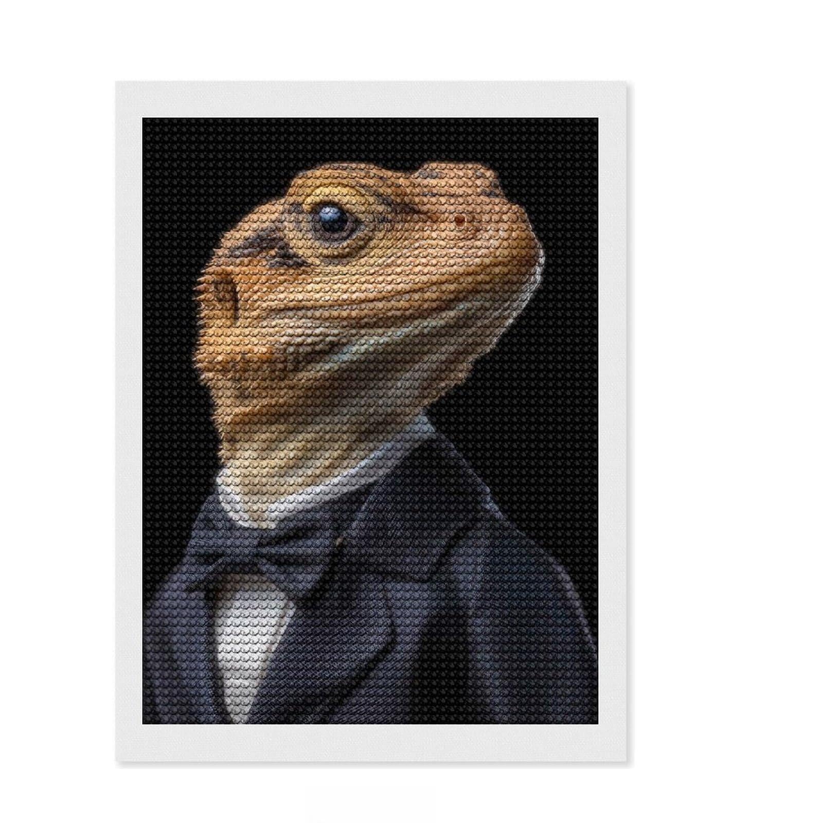 Junmoney Lizard in A Suit Diamond Art Canvas 12"x16", for Creative Relaxation, Pleasing Wall Art Project, Aesthetic Room Decor, Christmas Gift