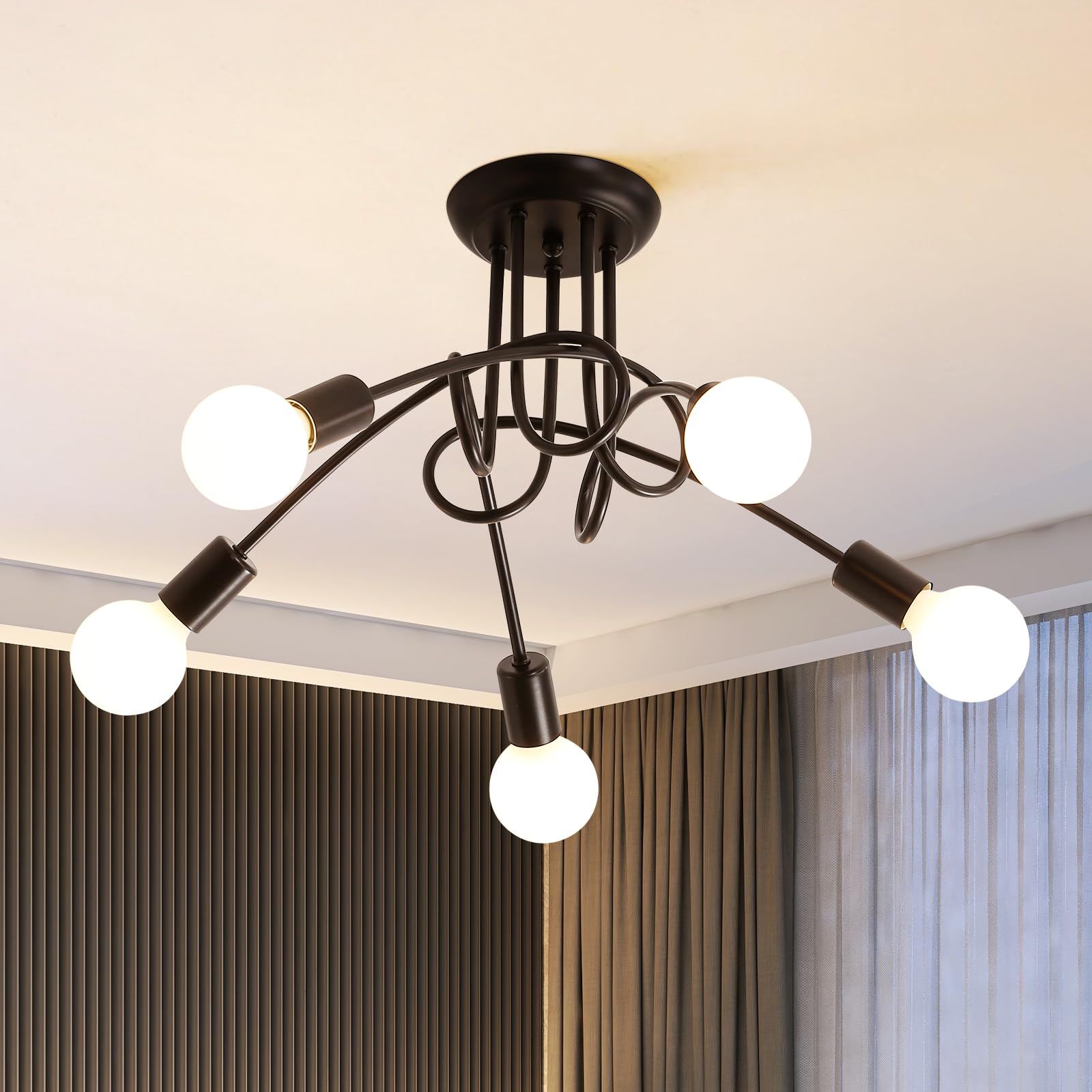 DELIPOP Sputnik Light Fixture, 5 Light Black Vintage Matte Modern Chandelier, Mid Century Hemp Flowers Shape Semi Flush Mount Ceiling Lights for Bedroom, Living Room, Kitchen, Dining Room