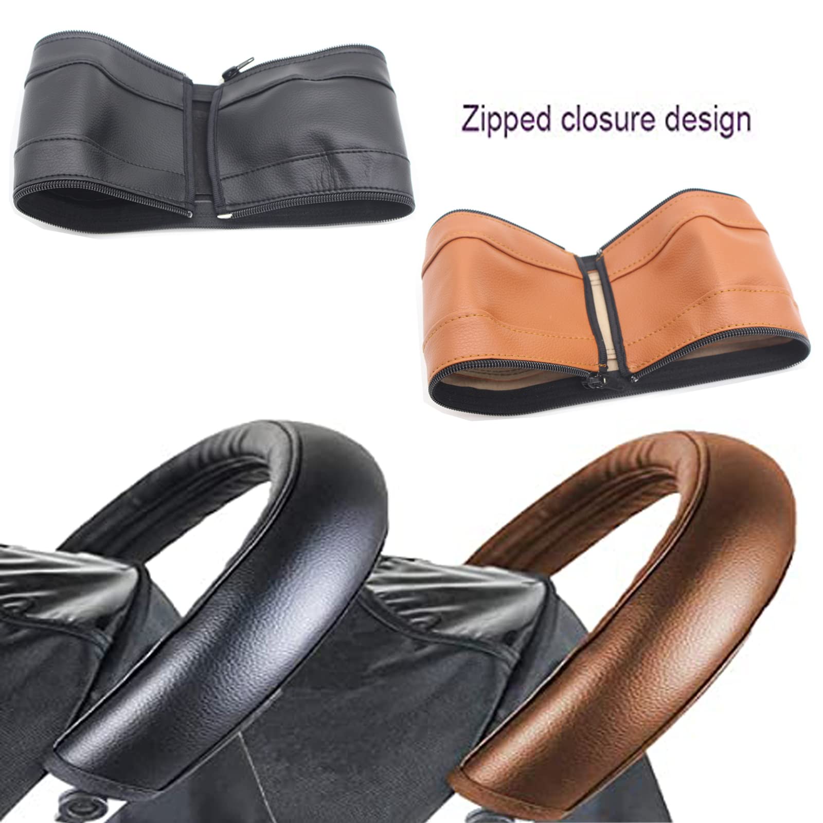 dcas 2 Stück 52cm Baby Kinderwagen Griff Pu Leder Schutzhülle, Universal Griff Staubdicht Pu Leder, Baby Kinderwagen Griff Abdeckung Mit Reißverschluss, Für Meisten Kinderwagen Geeignet(Schwarz+Brown)
