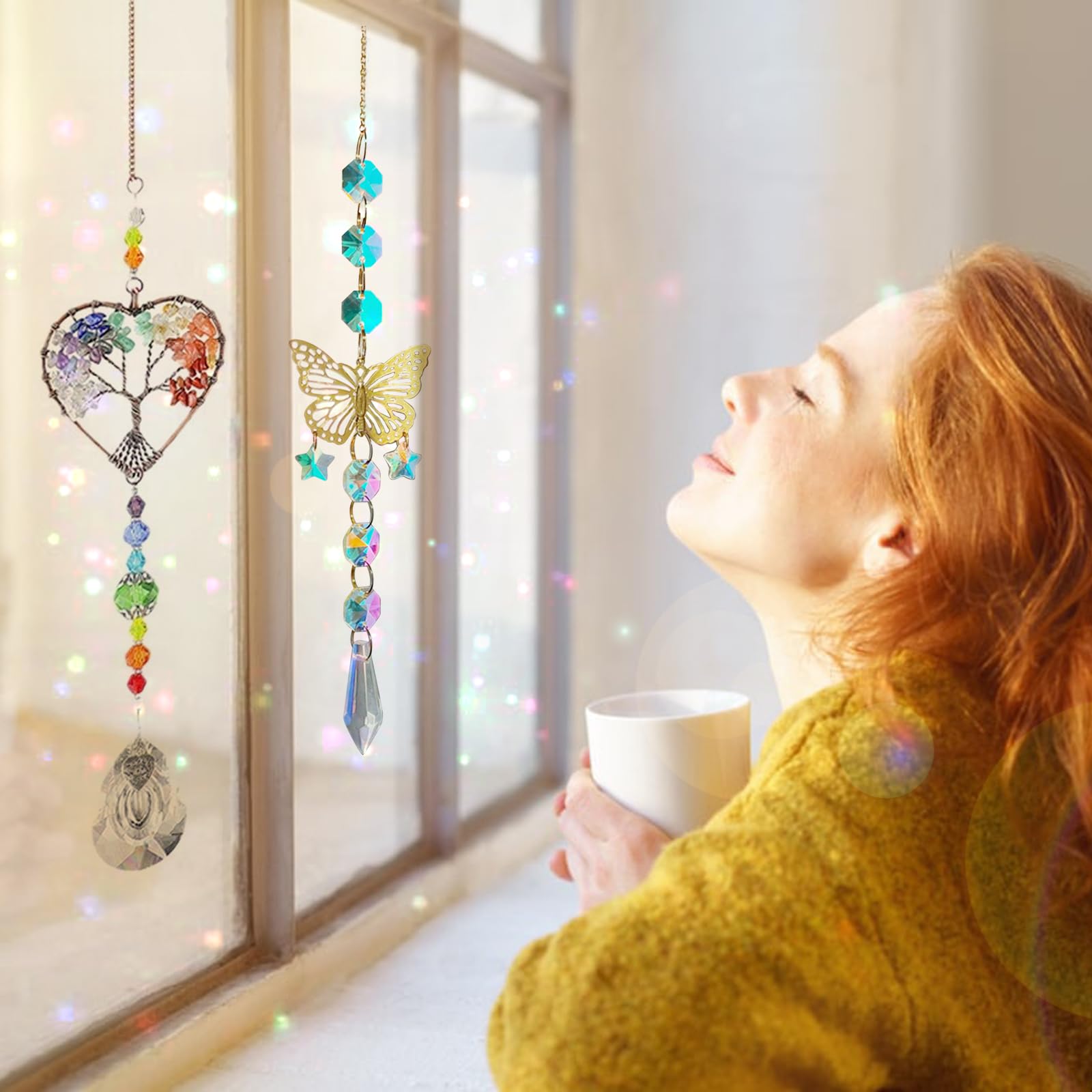 TYXHXTF 2 Piezas Atrapasoles de Cristal, Árbol de la Vida y Mariposa Campanas de Viento, Sun Catcher para Ventanas y Jardines, Prisma Colgante para Casa