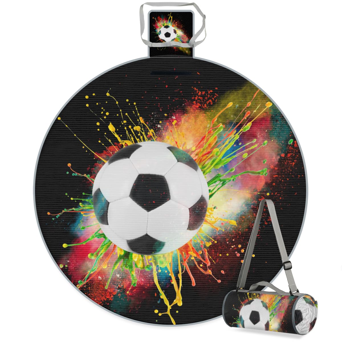 Shimoshe Colorful Splash Soccer Football Picnic Outdoor Blanket Foldable Waterproof Sandproof Beach Blanket Portable Water-Resistant Round Picnic Mat for Travel Camping Park Lawn