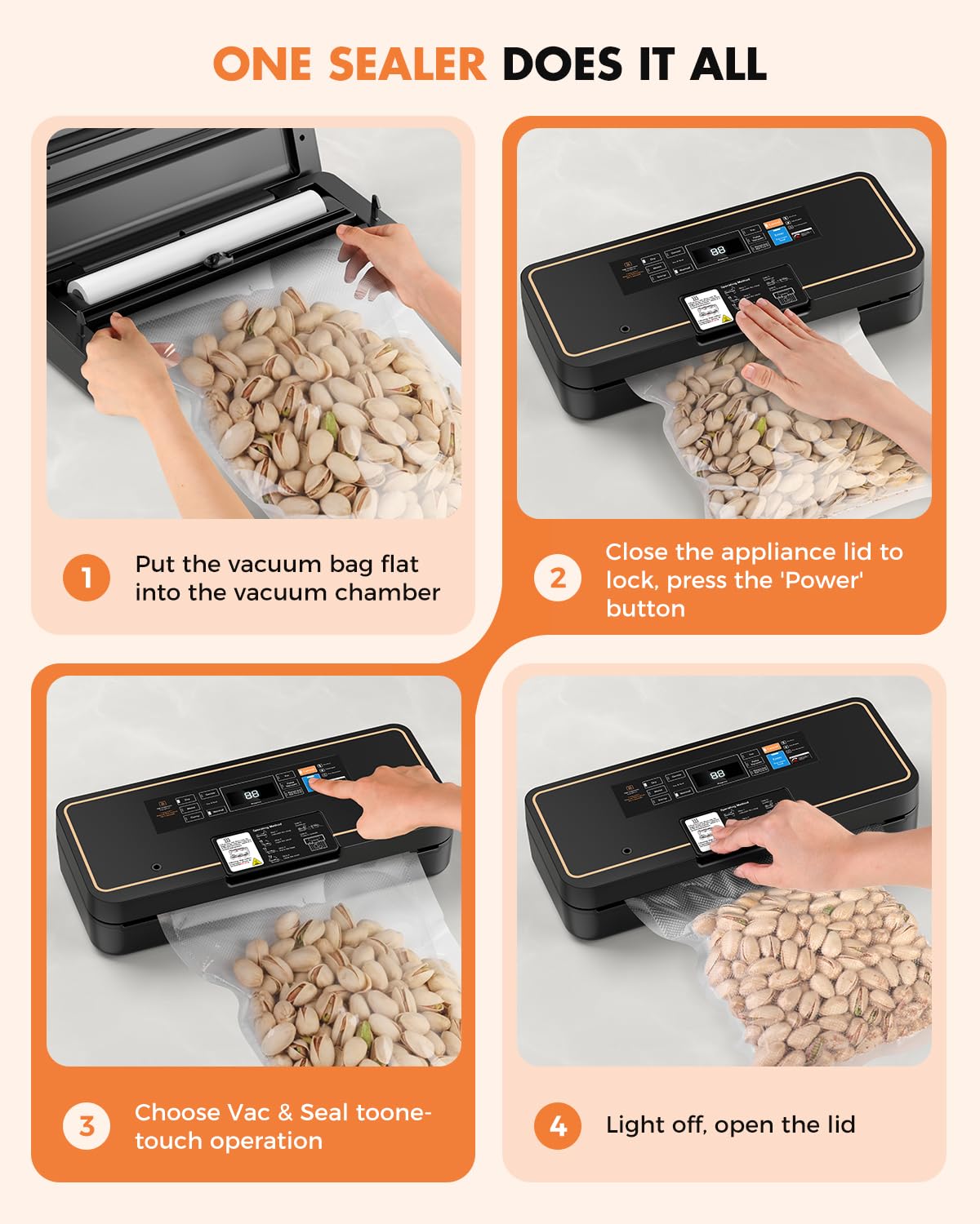 Vacuum Sealer for Food, 95kPa Food Saver Vacuum Sealer Machine, 135W Fast-Sealing with Easy Tear Cutter, Built-in Bag Storage, 9-in-1 Compact Food Vacuum Sealer Machine with 10 ft Bag Roll — view 7