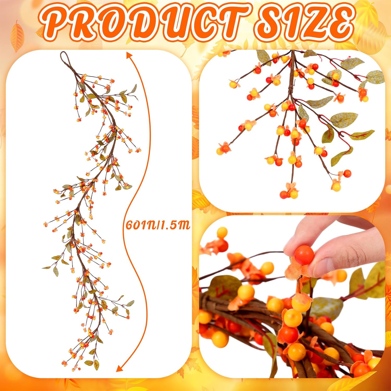 60 Inch Artificial Bittersweet Garland Fall Berry Garland Autumn Bittersweet Vine and Leaves for Thanksgiving Halloween Wedding Mantels Staircases Centerpieces Decorations - Image 2