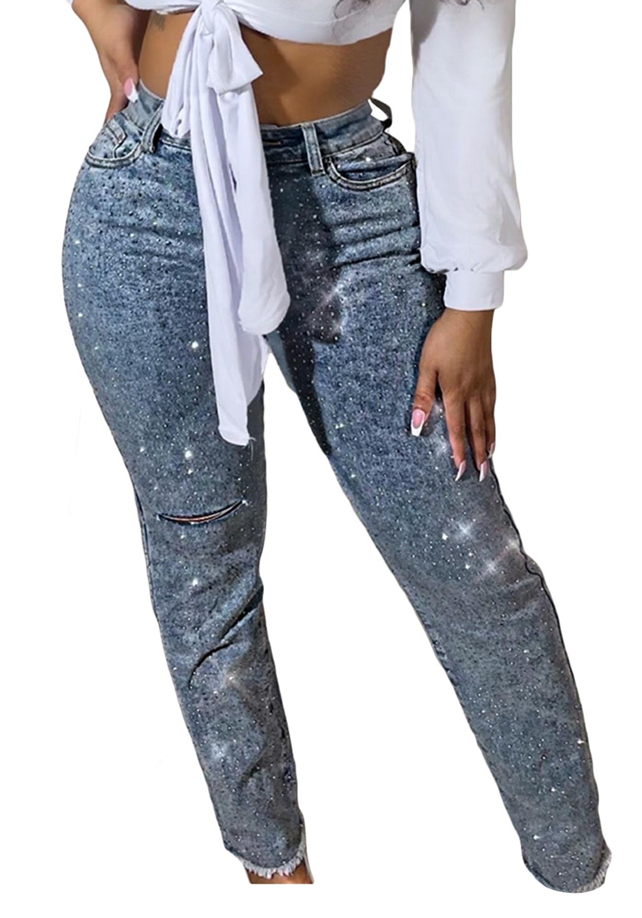 LETSVDO Womens Rhinestone Jeans Y2k High Waist Ripped Skinny Sparkly Denim Pants Stretch Glitter Bling Trousers