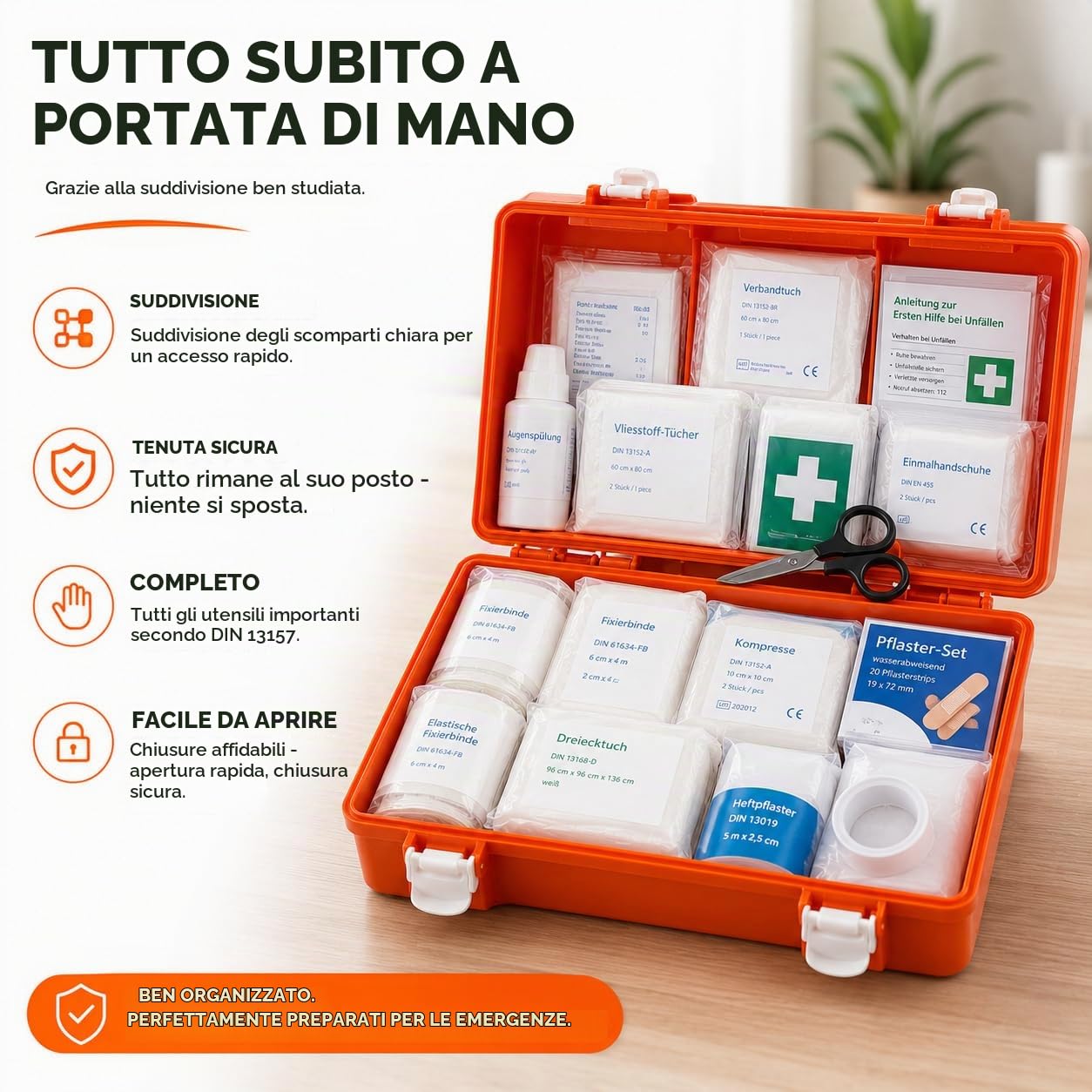 Cassetta di pronto soccorso, DIN 13157, per aziende e aziende, scatola di pronto soccorso, testata secondo gli standard attuali, con adesivo e supporto da parete