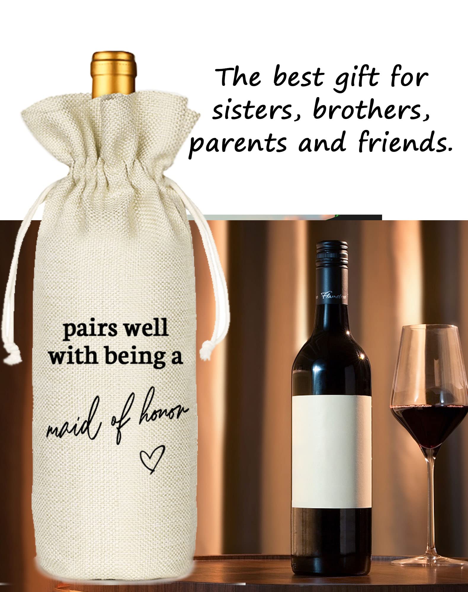 Maid Of Honor Wine Bag, Gift for Bridesmaid, Wedding Wine Bag Gift, Bridal Shower, Engagement, Bachelorette Party Favor-Pairs Well with Maid of Honor