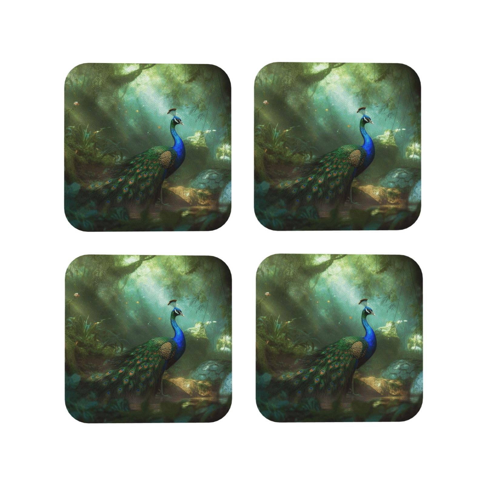 4pcs Drink Coasters for Tabletop Protection, 4" Leather Coasters for Drinks, Peacock Cup Coasters for Coffee Table Decor, Non-Slip Drinking Cup Mat for Hot Or Cold Drink