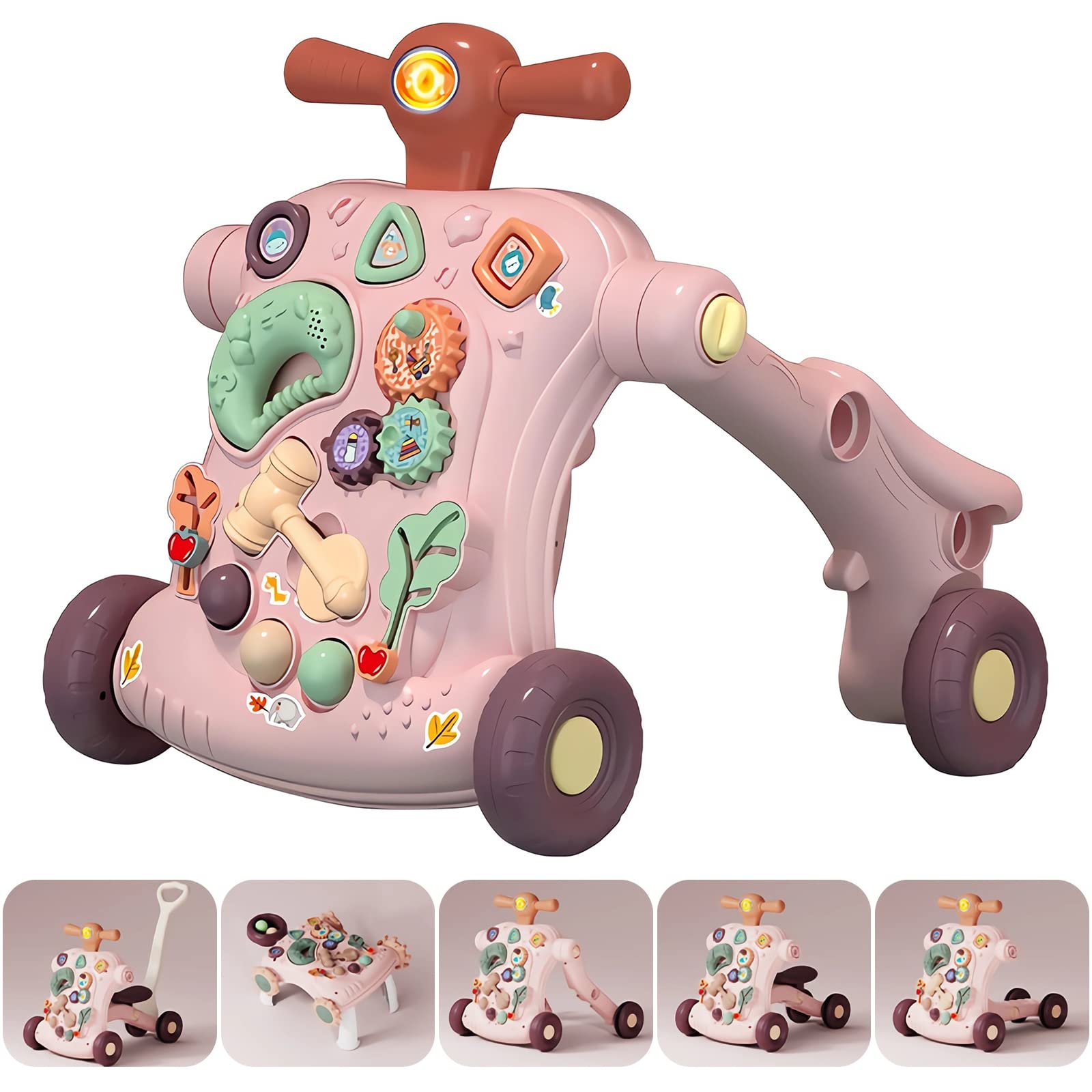 EYSOO Baby Walker 5 in 1 Sit-to-Stand Learning Walker for Toddlers Baby Push Walker Baby Play Walker Toddlers Walker with Educational Activity Center - Assemble as Scooter, Bike, Activity Table (Pink)