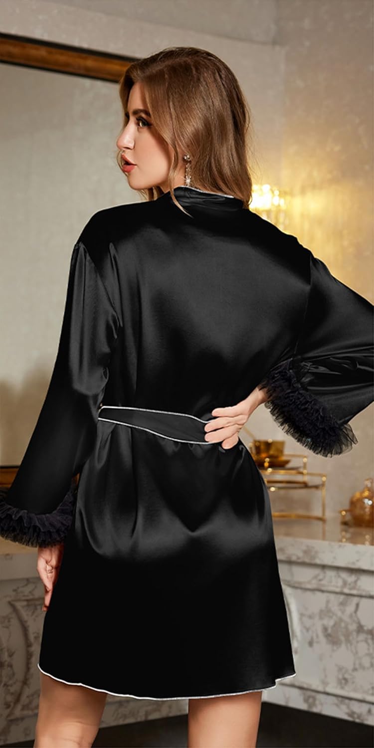 女性用サテンローブ シルク セクシー ミッドナイト着物 バスローブ メッシュスプライス ショート 花嫁 ブライズメイド パジャマ