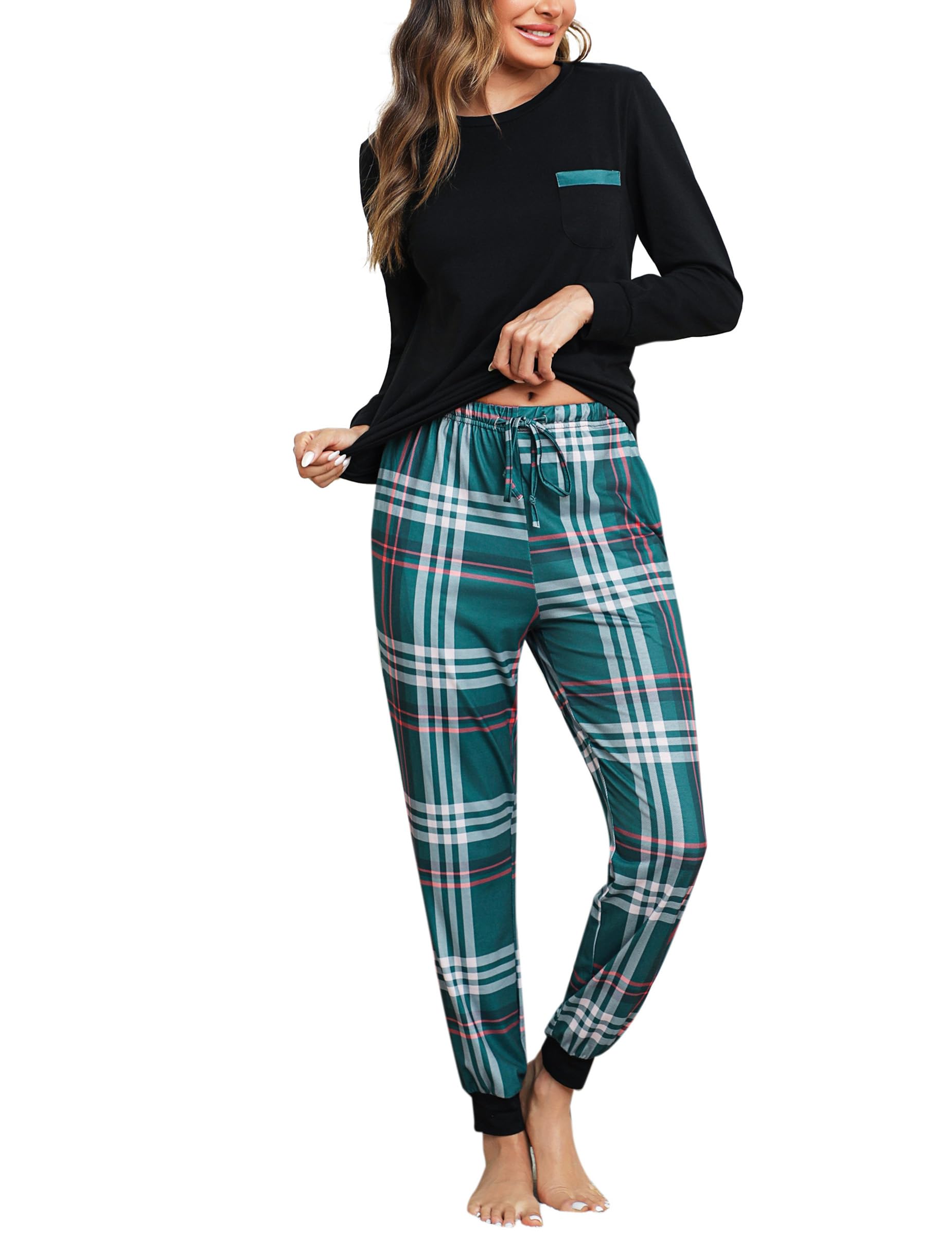 Bresdk Schlafanzug Damen Lang Baumwolle Langarm Kariert Pyjama Hose Lounge Set Nachtwäsche mit Bündchen