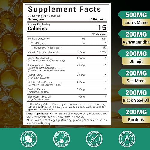 Miniatura 2 de Gomitas de melena de leones Ashwagandha, suplemento de melena de león Ashwagandha con shilajit, musgo marino, aceite de semilla negra para adultos,