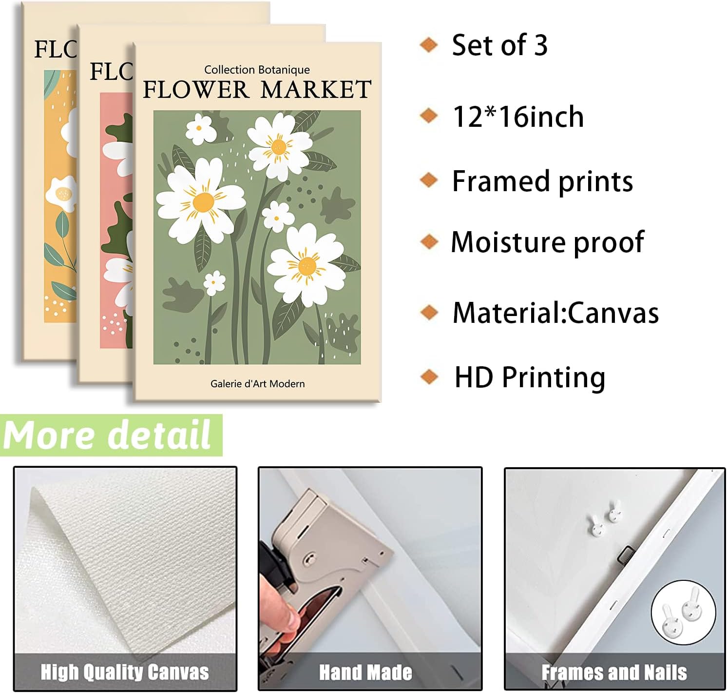 3pcs Flower Market Wall Art Boho Floral Canvas Wall Decor Danish Pastel Pictures Prints Poster Modern Gallery Minimalist Print Colorful Aesthetic for Bedroom Living Room Office Home 12x16inx3 Framed