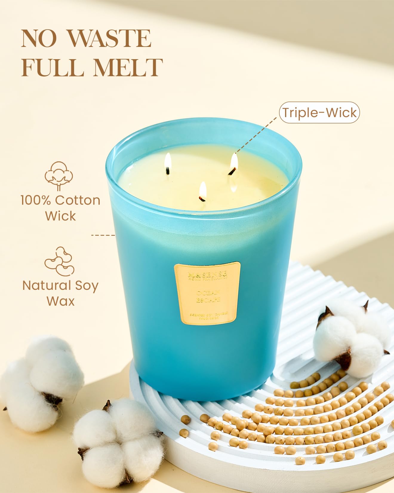 M&SENSE Ocean Escape Velas Aromáticas de Soja 990g,Regalos Originales para Mujer, Decoracion Hogar Relajante,Velas Grandes 3 Mechas 150h,Fragancia Marina Fresca en Tarro de Cristal XXL,Regalo Mama
