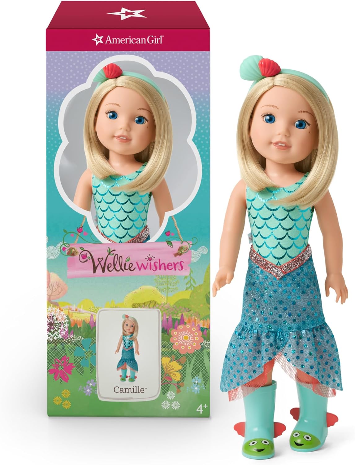 American Girl WellieWishers 14.5-inch Camille Doll with Blue Leotard, Mermaid Skirt, Headband, and Boots, For Ages 4+