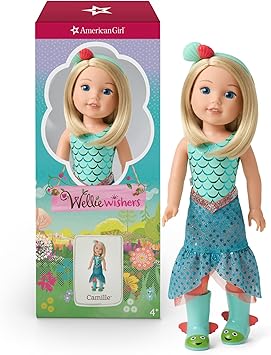 American Girl WellieWishers 14.5-inch Camille Doll with Blue Leotard, Mermaid Skirt, Headband, and Boots, For Ages 4+