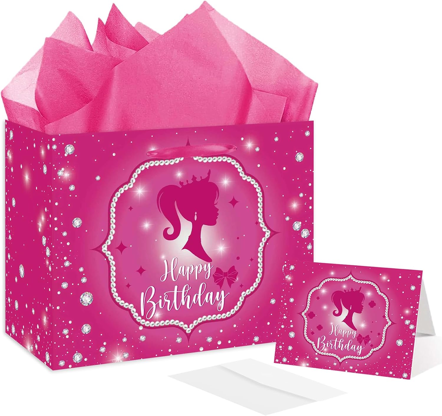 RTMISA Hot Pink Birthday Gift Bag with Tissue Paper and Greeting Card Princess Birthday Gifts Wrapping Bag for Girls Women Fashion Pink Doll Happy Birth Day Party Decorations Supplies