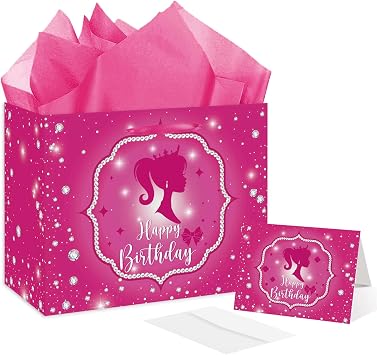 RTMISA Hot Pink Birthday Gift Bag with Tissue Paper and Greeting Card Princess Birthday Gifts Wrapping Bag for Girls Women Fashion Pink Doll Happy Birth Day Party Decorations Supplies