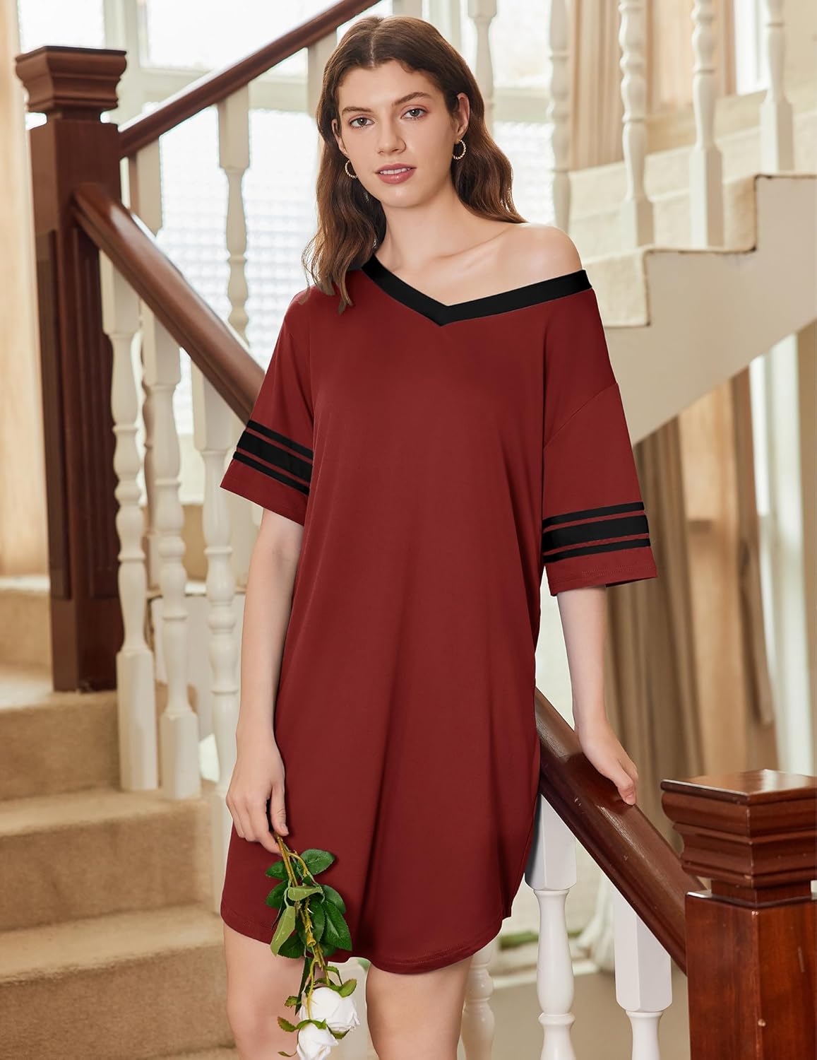 Ekouaer Nightgowns for Women 2 Pack Sleepshirts Short Sleeve Nightshirt V Neck Sleepwear Casual Pajama Dress - Image 3