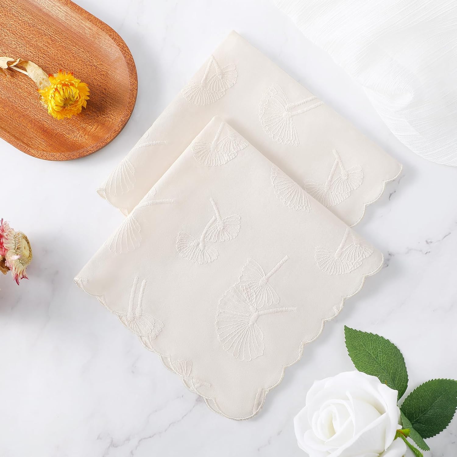 DoreenBeads Women's Cotton Handkerchiefs Dandelion Scalloped Embroidered Ladies Hankies for Wedding Parties 3Pcs - Image 5