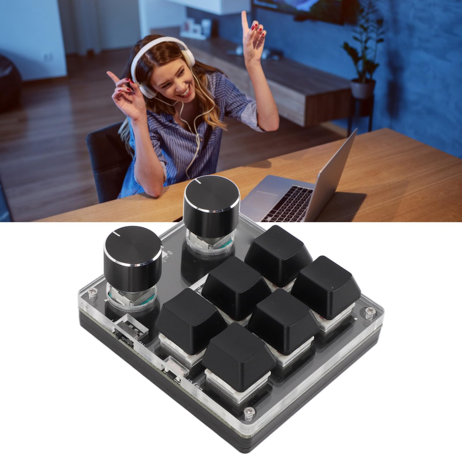 Klawiatura do gier HaloVerde Red Switch z niestandardową funkcją makro, 6 klawiszami i 2 pokrętłami do skomplikowanych skrótów, mechaniczna klawiatura obsługiwana jedną ręką do