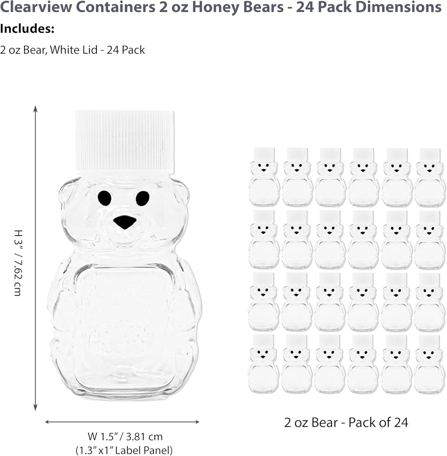 2 Ounce Honey Bears with Sealable White Screw Top Lid - 24 Pack (2 oz. Bear, 24pk, White)